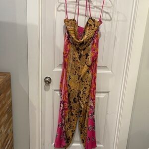 Free People Pink and Gold Paisley Jumpsuit